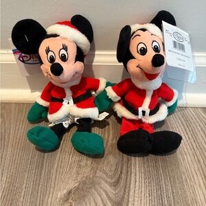 Disney Store Santa Mickey & Minnie Mouse 8” Mini Bean Bag Plush NWT in Plastic
